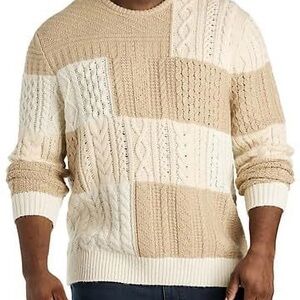 Men's Cable Knit Patchwork Crewneck Sweater - Neutral Cream & Tan